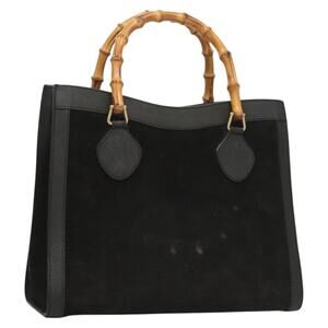GUCCI Bamboo Hand Bag Suede Black Gold